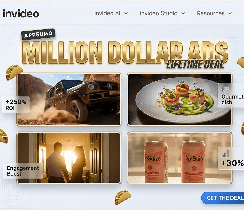 InVideo AI Million Dollar Ads dashboard displaying high converting video ad templates and lifetime deal on AppSumo.