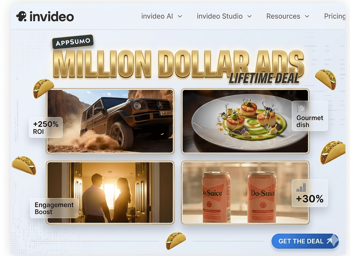 InVideo AI Million Dollar Ads dashboard displaying high converting video ad templates and lifetime deal on AppSumo.