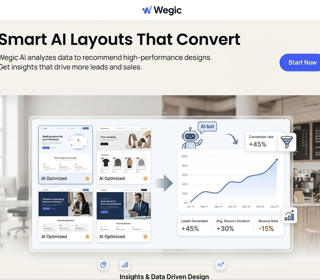 Wegic AI dashboard showing conversion rate optimization analytics and high performance smart landing page layouts.