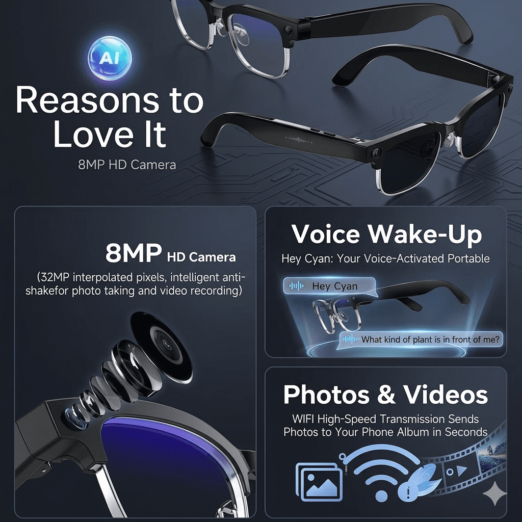 A content creator wearing black AI Smart Glasses while recording hands-free POV video outdoors