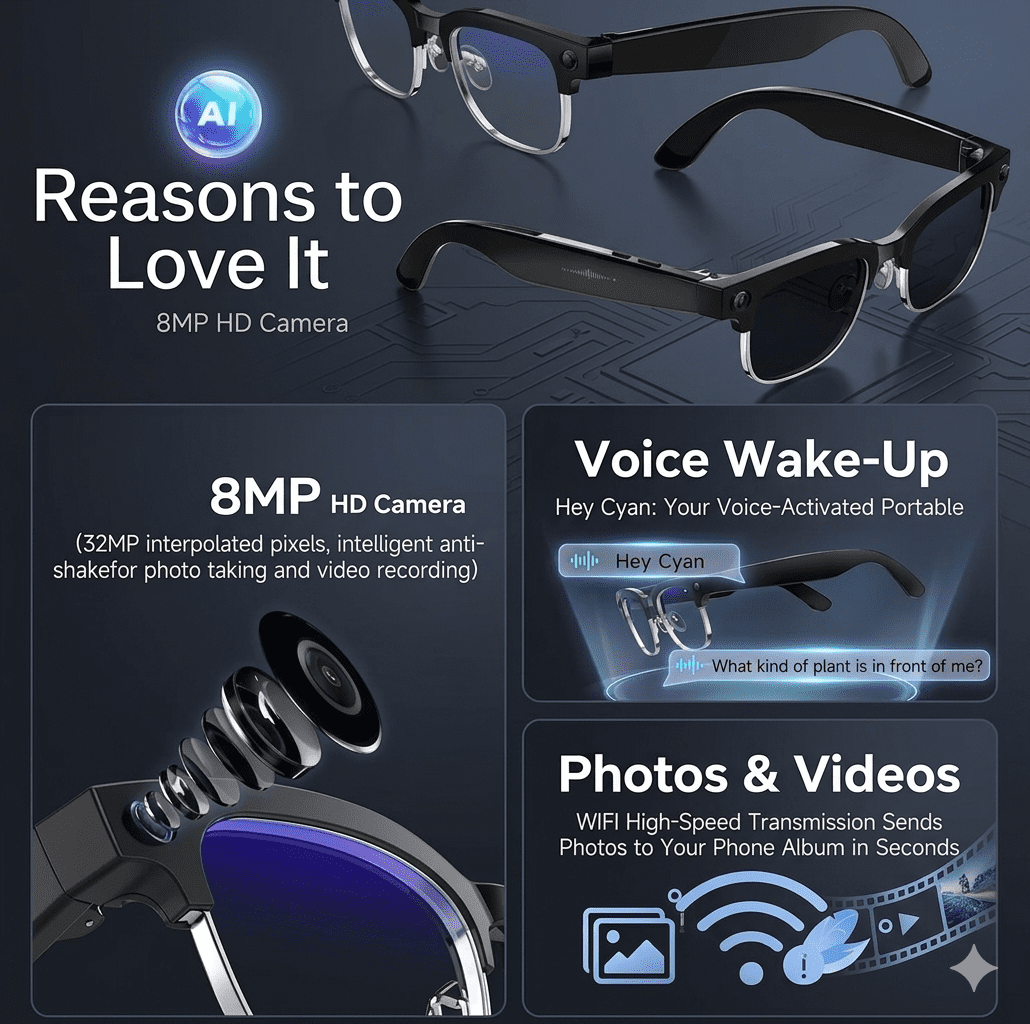 A content creator wearing black AI Smart Glasses while recording hands-free POV video outdoors