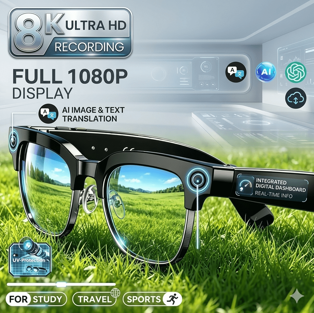 Premium AI Smart Glasses on a desk next to a smartphone for a productivity review