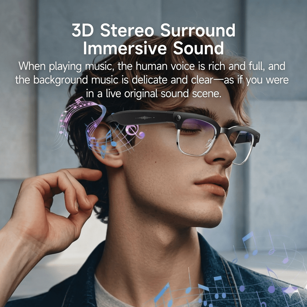 Technical 3D display showcasing camera and battery specs of affordable AI Smart Glasses