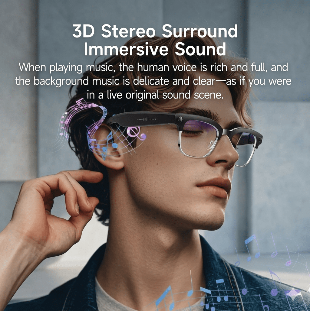 Technical 3D display showcasing camera and battery specs of affordable AI Smart Glasses