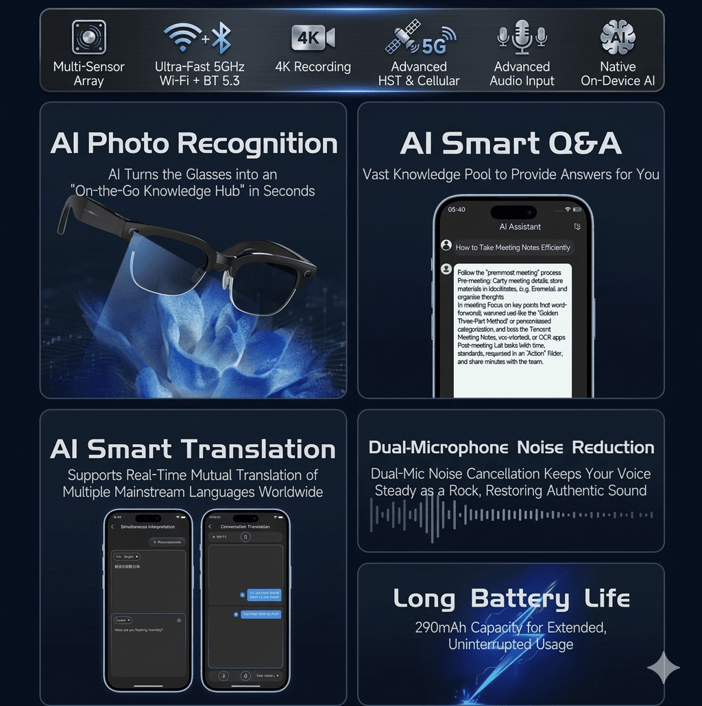 A first-person view of AI Smart Glasses displaying live English text translation in a meeting