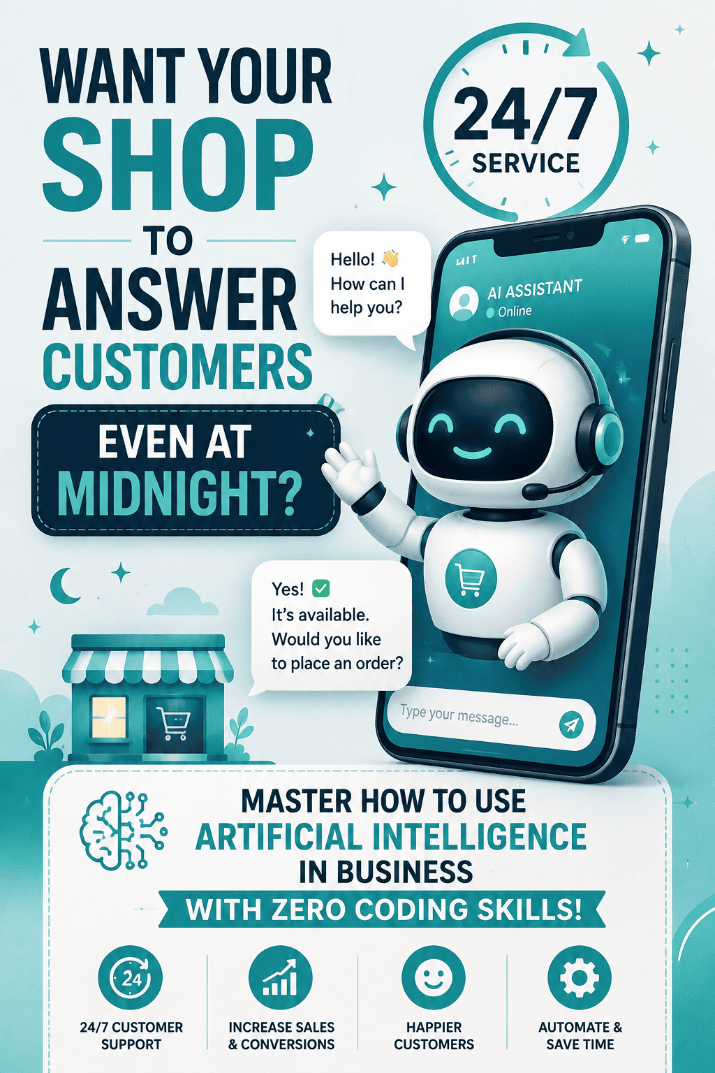 A modern teal and white vertical pin layout highlighting customer service chat assistants for online shops.
