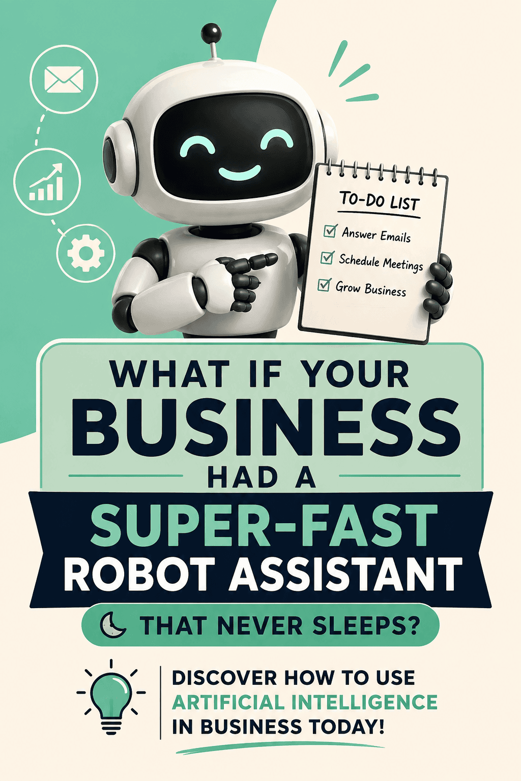 A mint-green and cream aesthetic vertical pin showing a friendly robot graphic and a question about business assistants.