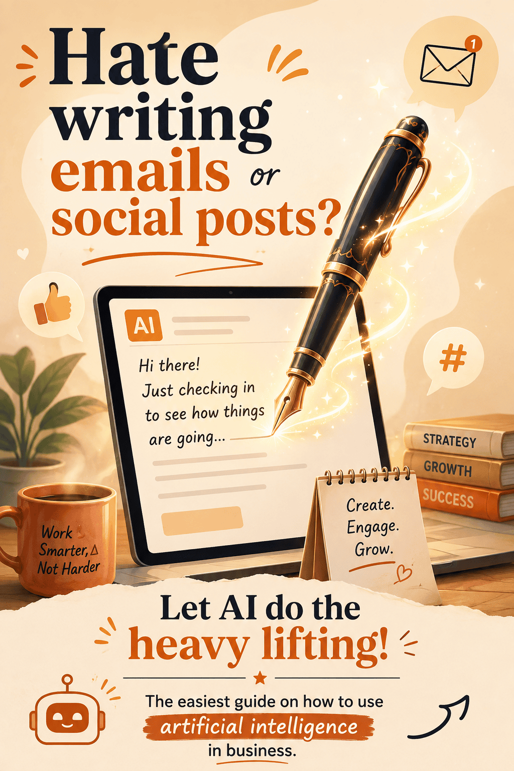 A warm beige vertical pin featuring a magical flying pen writing automated emails and posts for business.