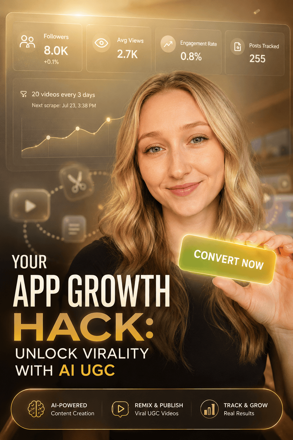Professional illustration of AI UGC app growth dashboard showing followers, views, engagement analytics, and viral video marketing strategy.