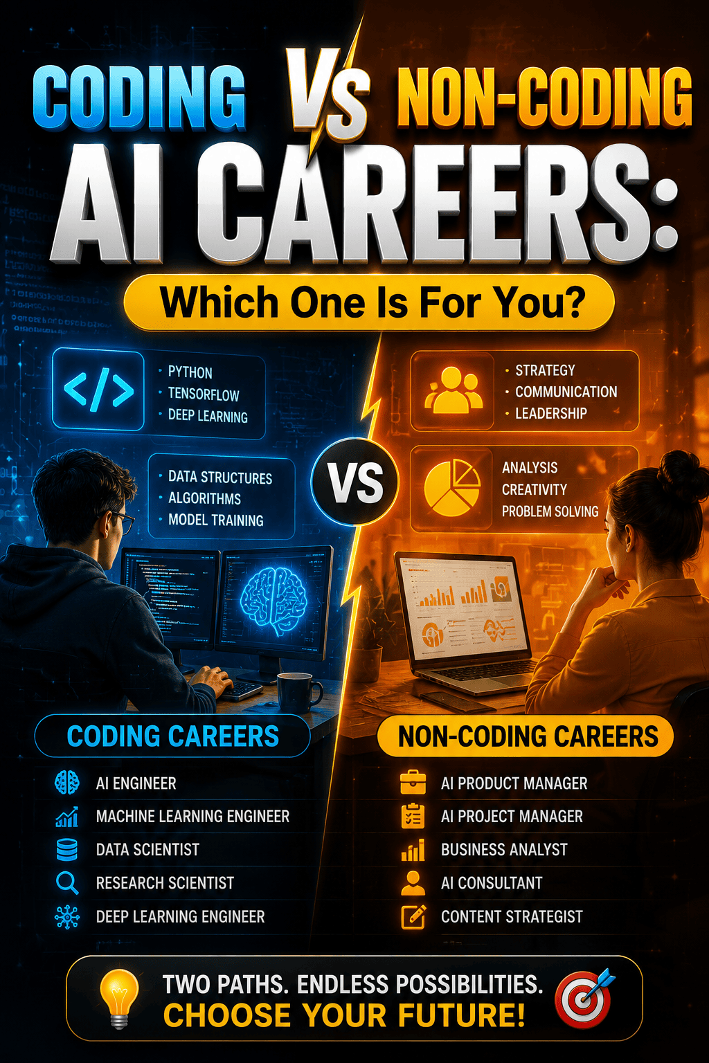 Comparison between coding and non-coding AI career paths.