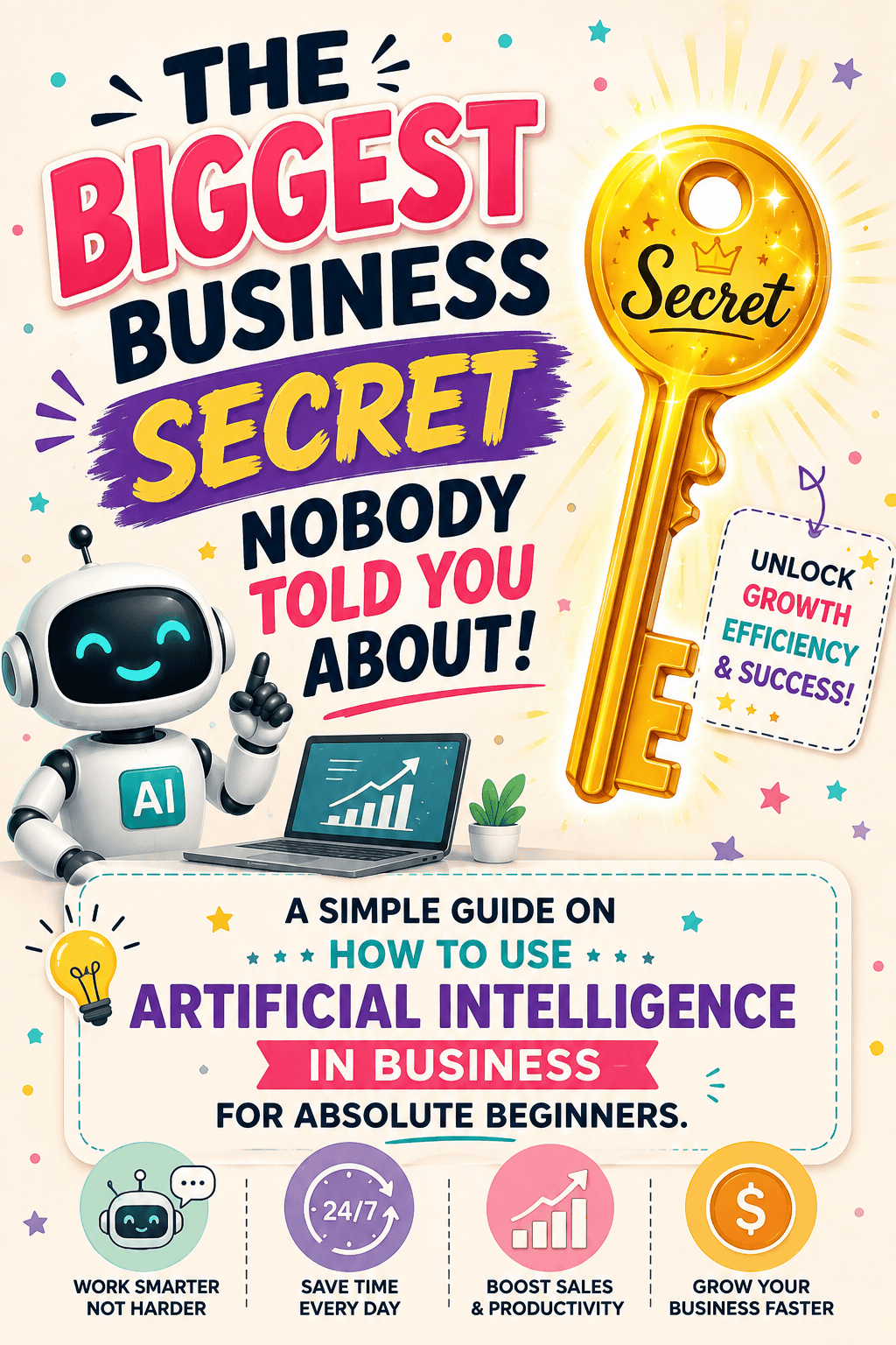 A playful beginner-friendly vertical pin with confetti particles and a glowing secret key graphic.